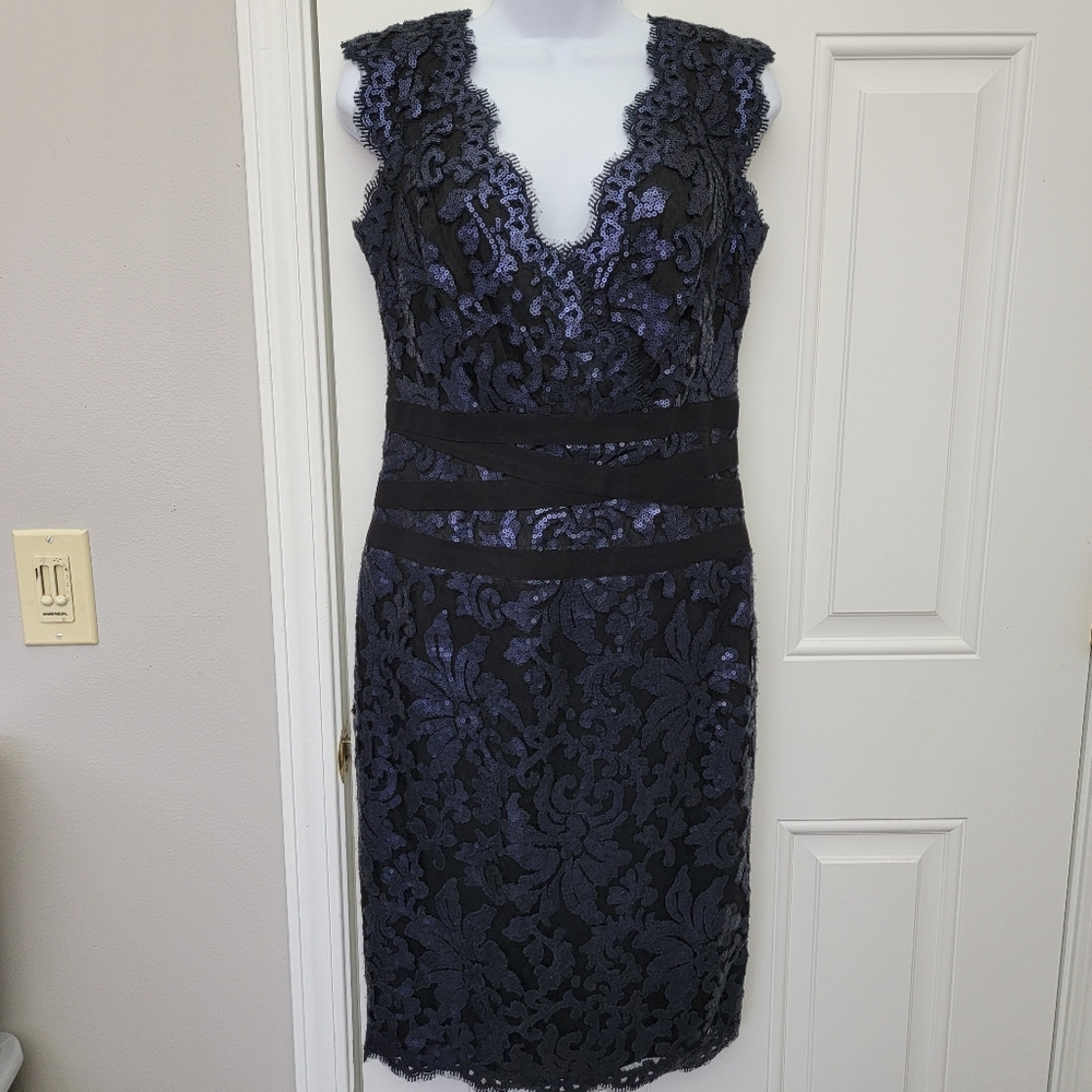 Tadashi Shoji Sleeveless Embroidered Sequin Lace Banded Sheath Cocktail Dress 6 - Picture 3 of 15
